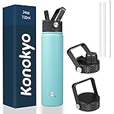 Konokyo Insulated Water Bottle 24oz Stainless Steel Sport Bottles with 3 Lids,Turquoise