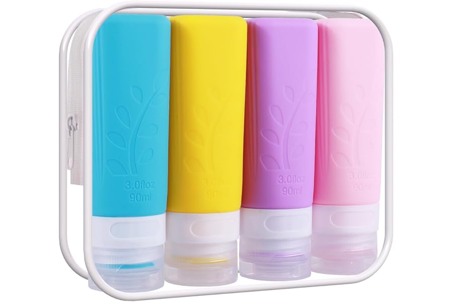 Travel Bottles for Toiletries,TSA Approved Leak Proof 3oz size Silicone Containers for Shampoo, Conditioner,Easy to Squeeze and Portable, Essentials for Traveling (4 Pack) Macaron