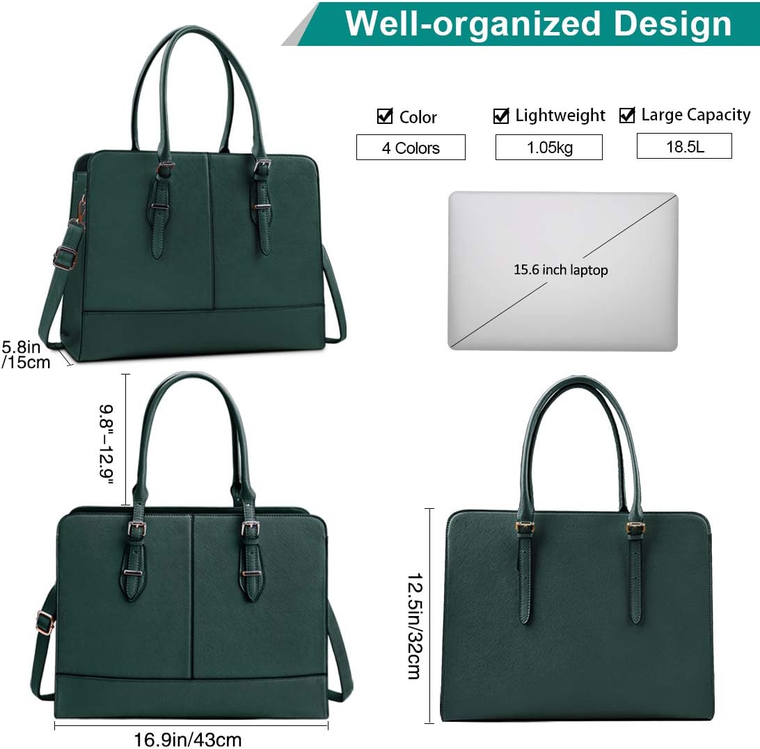 Women Laptop Bag Leather Work Tote 15.6 Inch Laptop Computer Bag Business Shoulder Messenger Bag (DeepGreen): Electronics
