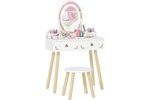 Qaba Kids Vanity, 2 in 1 Girls Vanity Set with Mirror and Stool and Lights, Drawers, Storage Boxes, Toddler Makeup Dressing T