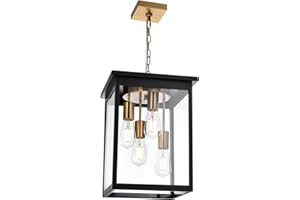 TODOLUZ Outdoor Pendant Light Fixtures, 4-Lights Large Outdoor Ceiling Hanging Lanterns in Black & Brushed Brass, Farmhouse Exterior Chandelier for Front Door Entry Patio