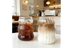 2 Pcs Ribbed Glass Cups, 18.3 Oz Vintage Drinking Glassware with Wave Shape Design, Bubble Cups for Iced Coffee, Juice, Bever