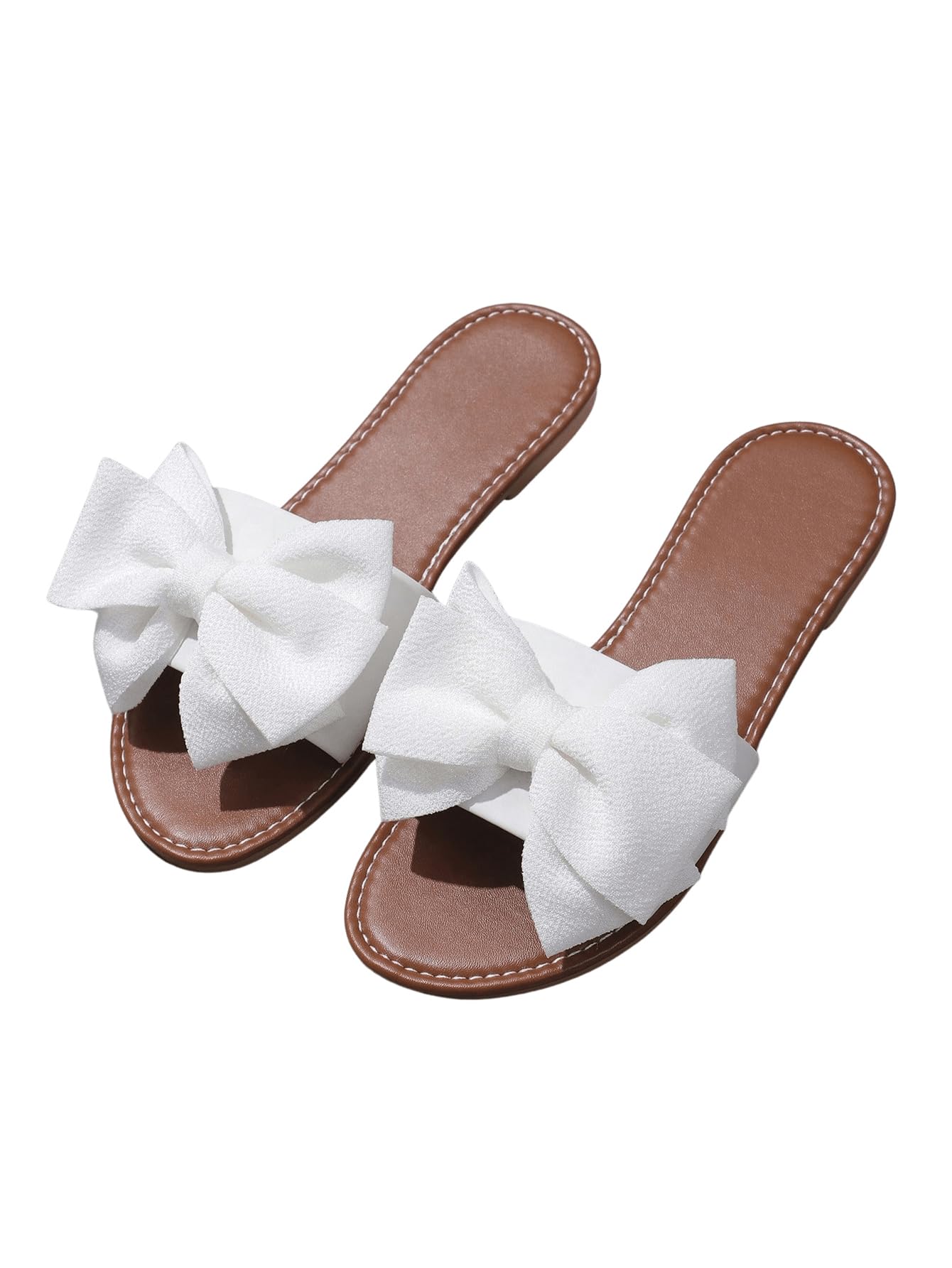 Photo 1 of MakeMeChic Women's Bow Sandals Summer Beach Cute Flats Slides Slippers White 6.5