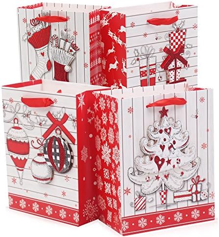 Anyyion 12pcs 3D Paper Christmas Craft Bag Gift Wrap Set for Christmas Birthday Graduation Wedding Present，Holiday Red Gift Bag with Size: 3.9" x 7" x 9"