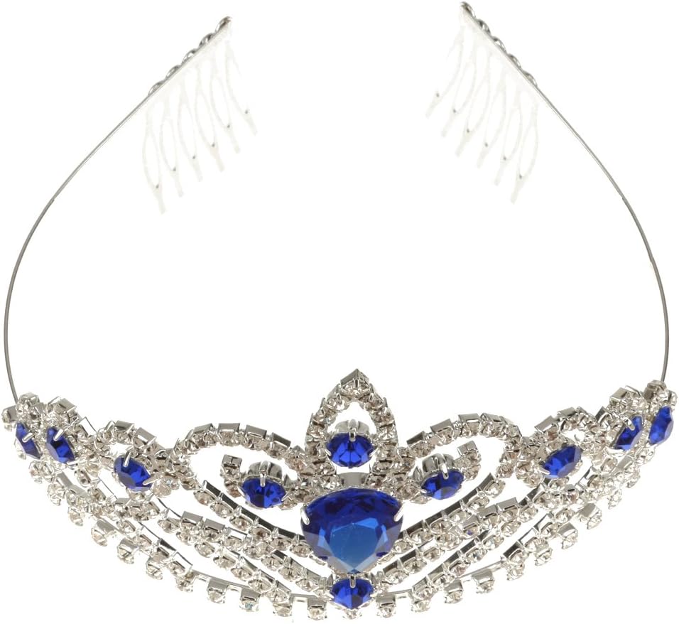 Wedding Bridal Crown Crystal Rhinestone Headband Tiara Headpiece Hair Comb - Blue silver, L