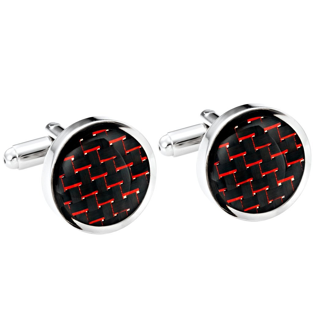 Urban-Jewelry Titanium Men’s Cufflinks Black and Red Carbon Fiber Round Polished