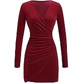winkbay Women's Wrap V Neck Velvet Mini Dress Elegant Ruched Long Sleeve Bodycon Evening Cocktail Dresses