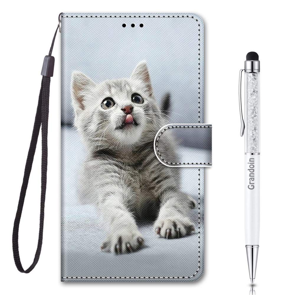 Grandoin for LG K20 2019 Case, Creative PU Leather Magnetic Flip Cover with Card Slots Holders Silicone Inner [Color Printing] Bookstyle Wallet Case for LG K20 2019 (Grey Cat)