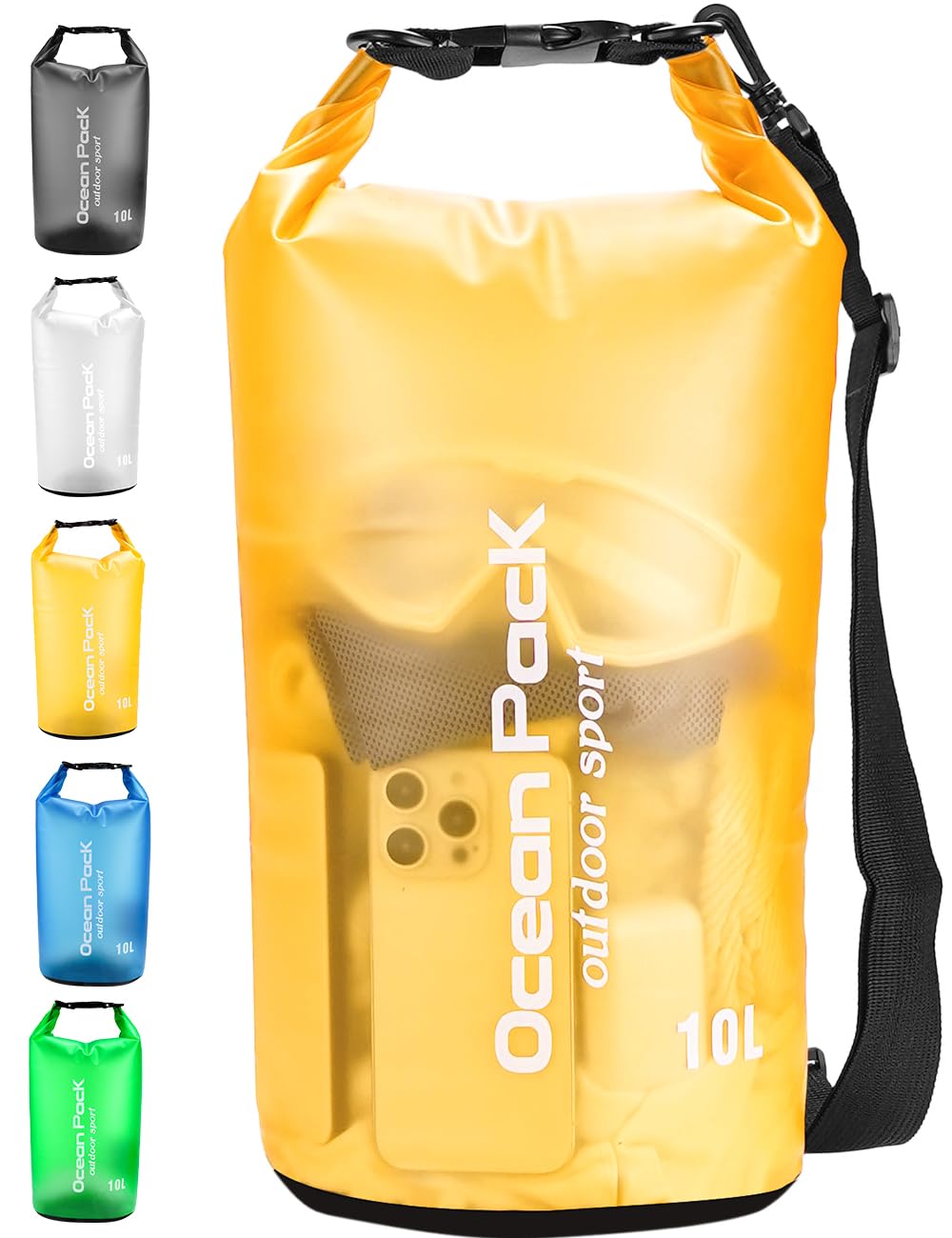 Henrycares Waterproof Dry Bag 20L 10L 5L, Sack with Phone Dry Bag and Long Adjustable Shoulder Strap Included, for Traval, Camping, Hiking, Swimming, Boating, Fishing (Yellow, 10L)