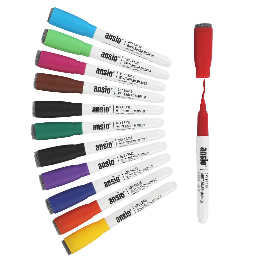 ANSIO Whiteboard Pens Pack of 12 – Assorted Whiteboard Markers with Fine Tip, Eraser, and Magnetic Lids – Dry Wipe Pens for Whiteboard