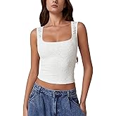 QINSEN Women's Lace Trim Square Neck Sleeveless Double-Layer Tank Top
