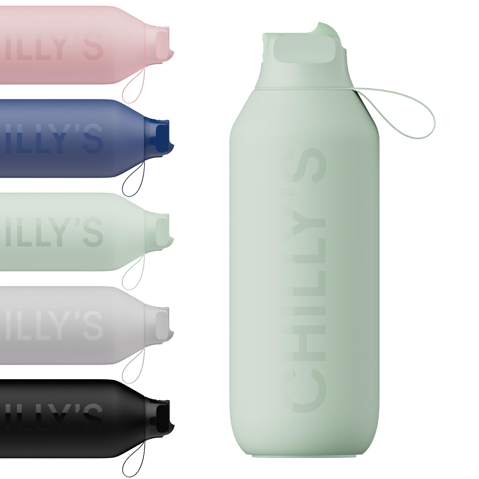 Chilly's Series 2 Flip Water Bottle with Sports Lid - Vacuum Insulated Stainless Steel Water Bottle with Straw, Carry Loop, & Cleaning Brush - No Sweat - 500ml - Lichen Green