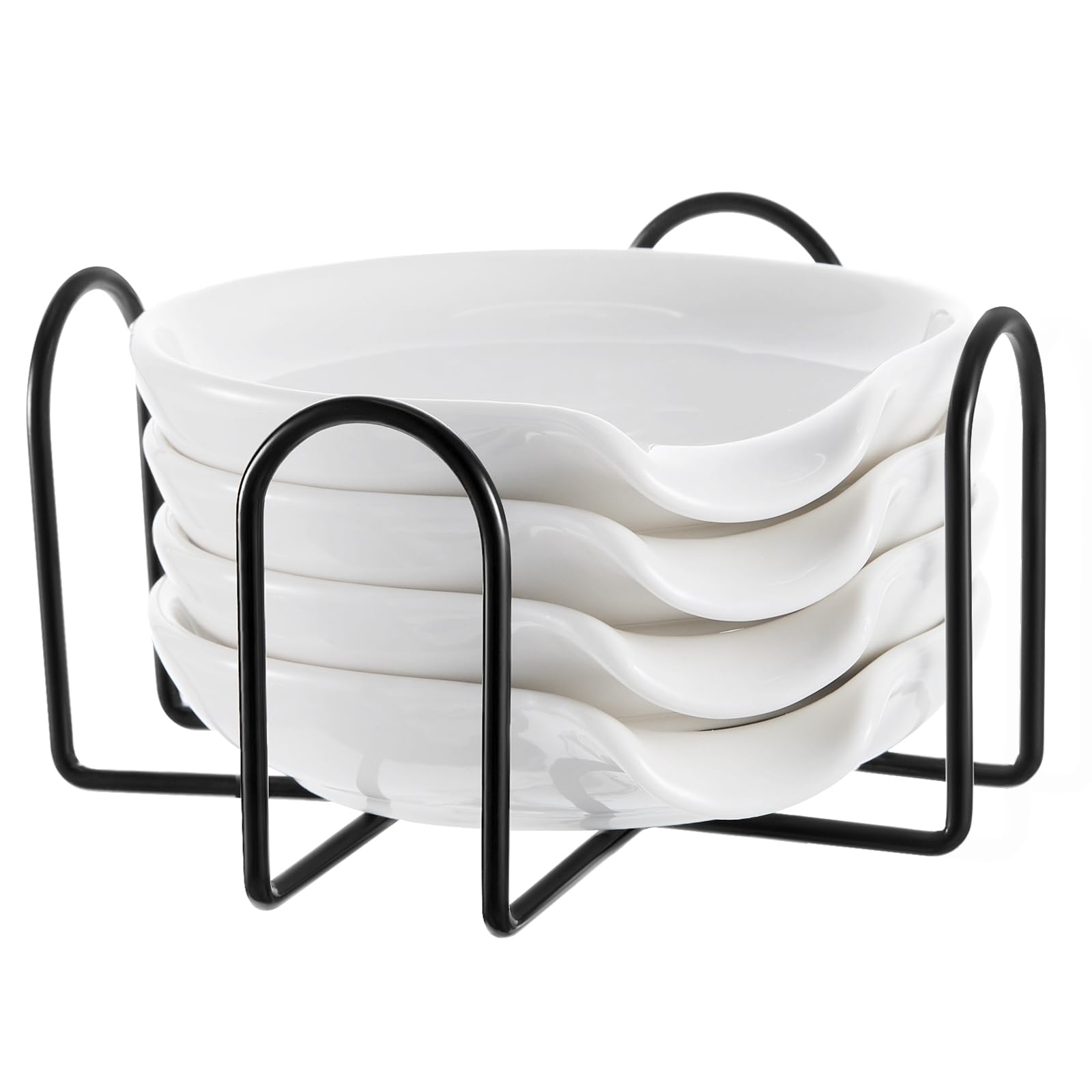 Photo 1 of **NO BOX, SUBJECT TO BREAKING** Bokon 4 Pack Ceramic Spoon Rest with Metal Holders Spoon Holder for Stove Top Utensil Rest Household Dipping Sauce Dishes for Kitchen Ladle Tong Fork Housewarming Gifts (White)