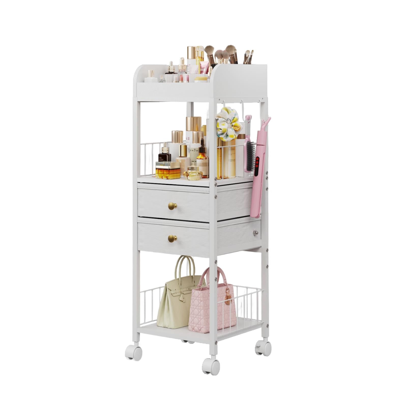 Photo 1 of DongRong Floor Makeup Organizer with Lockable Wheels & 8 Dividers, 2-Drawer Rolling Skincare Cart for Cosmetics/Perfume/Nail Polish, Mobile Vanity Storage - White (Bathroom/Bedroom Use)