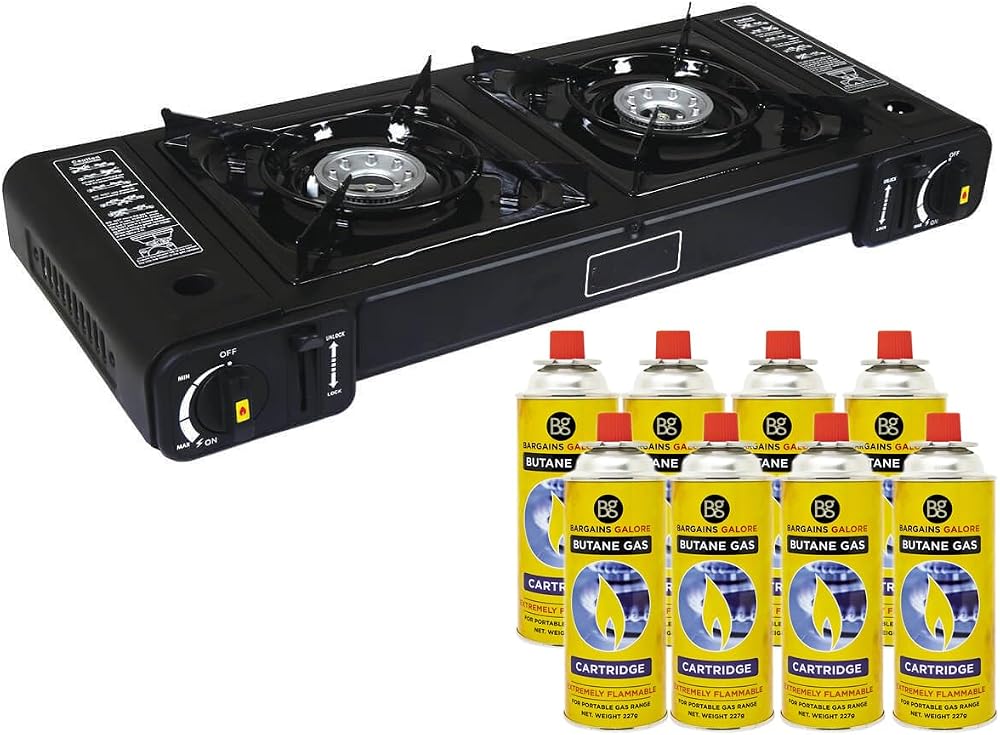 BARGAINS-GALORE Portable Double Gas Cooker Stove with 8 Butane Canisters