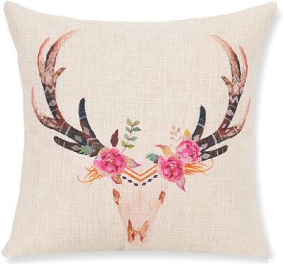 Nordic Ethnic BE WILD Purple Morning Glory Flower Animal Antlers Deer Moose Skull Cotton Linen Throw Pillow Case Cushion Cover Home Sofa balcony Decorative 18 X 18 Inch (4)