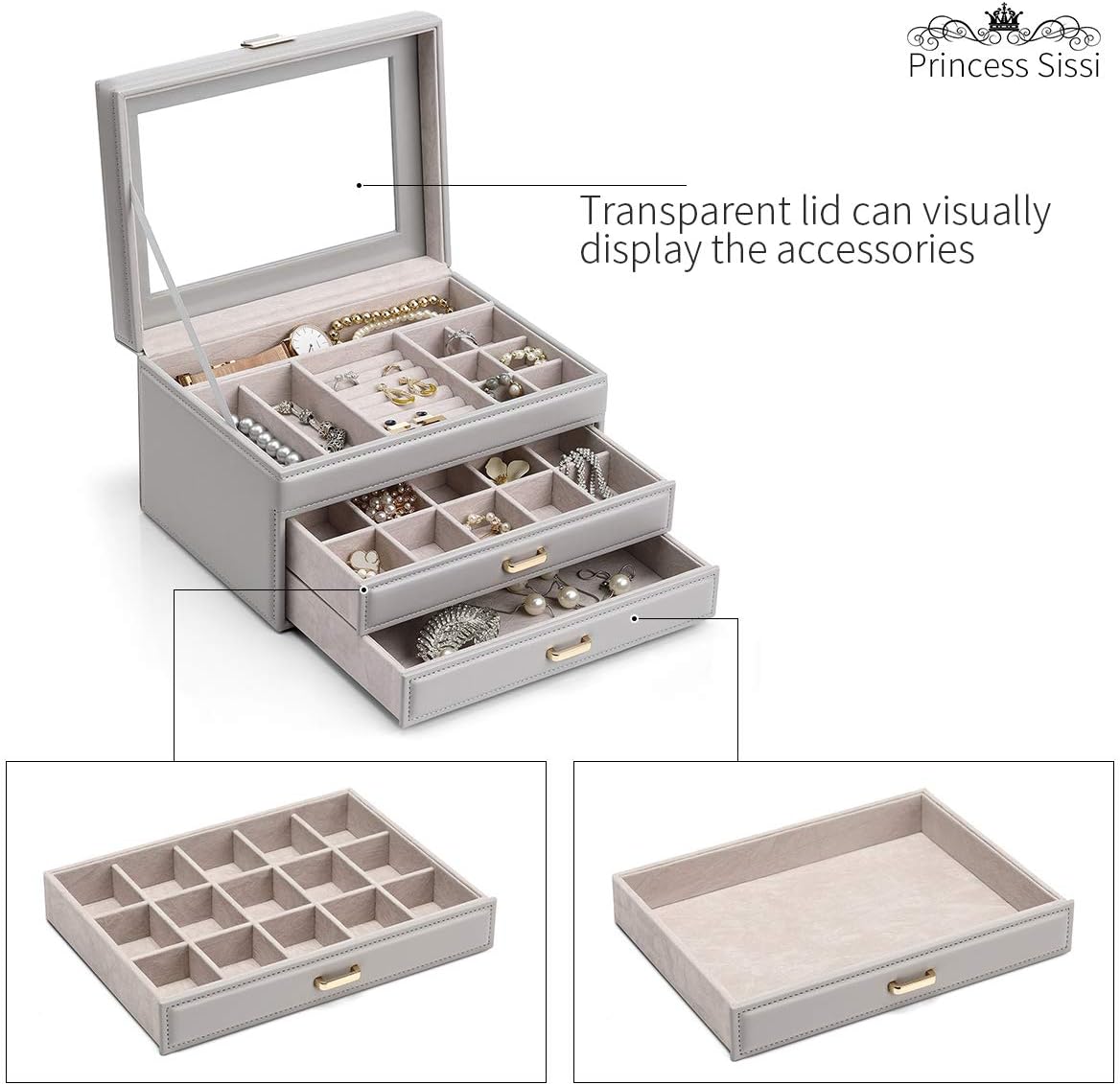 Vlando Jewelry Box Large-Capacity Jewelry Storage Box,Clead Jewelry Storage Box, Girl/Woman Earrings, Necklace, Bracelet (Grey, Clear lid): Home & Kitchen