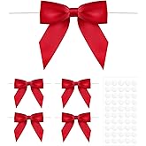 Anwyll 50Pcs Twist Tie Bows - 3.5Inch Premade Red Gift Bows for Cake Gift Wrapping Balloon Craft Treat Bag Red Satin Ribbon Bow for Merry Christmas Decor Birthday Party Bridal Shower Wedding Favors
