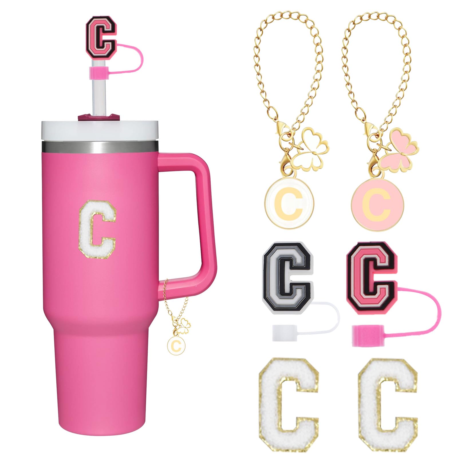 Reusable Straw Cover for Stanley Cup Accessories, 2Pcs Dustproof Straw Covers with Letter Charms and Personalized Name Stickers(C)
