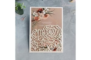 Ivory Rose Laser Cut Invitation Card Pocket with Envelope for Wedding Birthday Graduation Valentines' 20 Sets (Ivory)