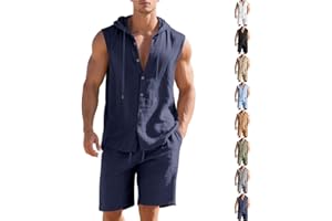 Mens Sleeveless Hoodie and Shorts 2 Piece Set, Linen Outfits for Men Summer Button Down Beach Tank Top and Short Set