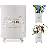 Comfify White Ceramic Utensil Holder – Vintage Style Kitchen Caddy – Shabby Chic Countertop Organizer – Rustic French Country Crock for Cooking Enthusiasts