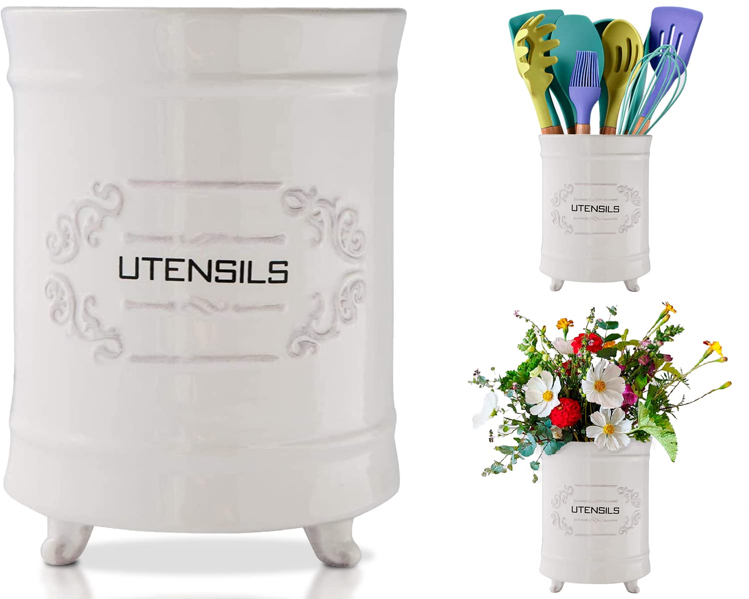 French White Ceramic Utensil Holder - Vintage Style Kitchen Utensil Caddy - Antique Design Cooking Utensil Organizer - Rustic French Country Utensil Crock for Cooking Enthuziast