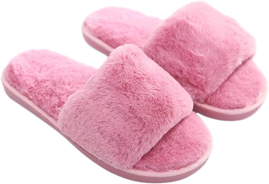 MineSign Womens House Slippers Faux Fur Slides Fuzzy Slippers Open Toe Foam Winter Warm Slipper