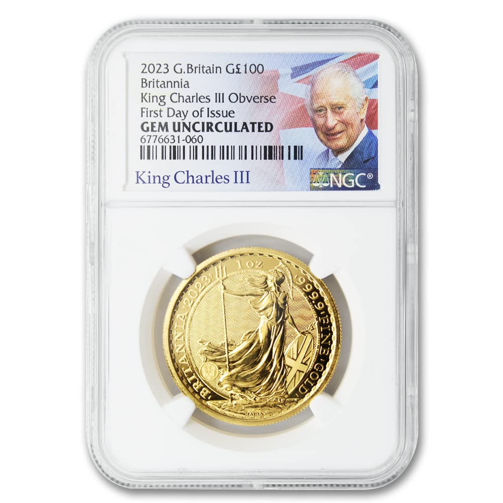 2023 1 oz British Gold Britannia Coin (King Charles III) Gem Uncirculated (First Day of Issue) by the Royal Mint 24K 100£ NGC GEMUNC