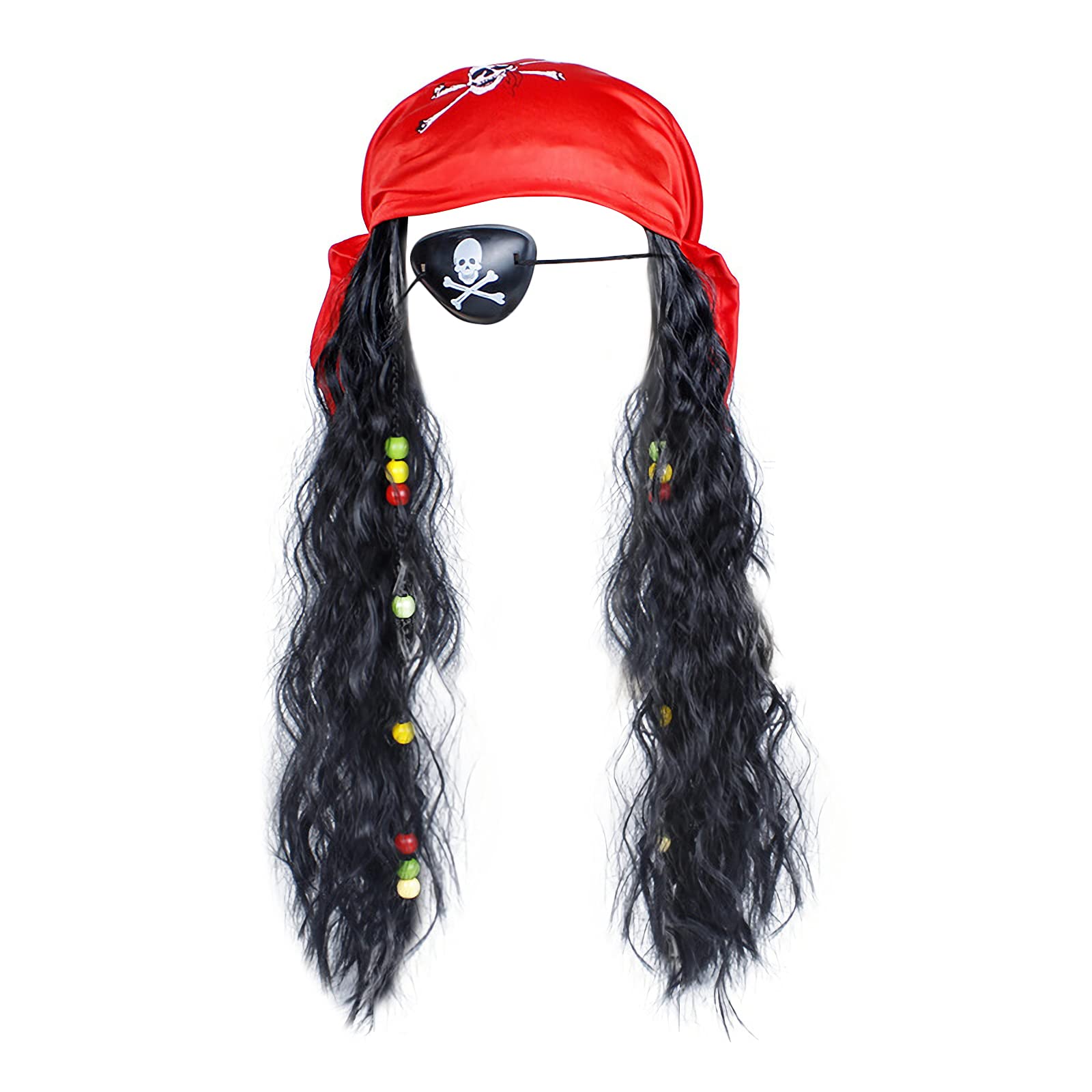 LONTG Adults Pirate Hat Headband Halloween Pirate Wig Pirate Captain Costume Cap With Dreadlocks Hairs Beads Eye Patch Skull Print Bandanna Headscarf Fancy Dress Cosplay Props Masquerade Accessories