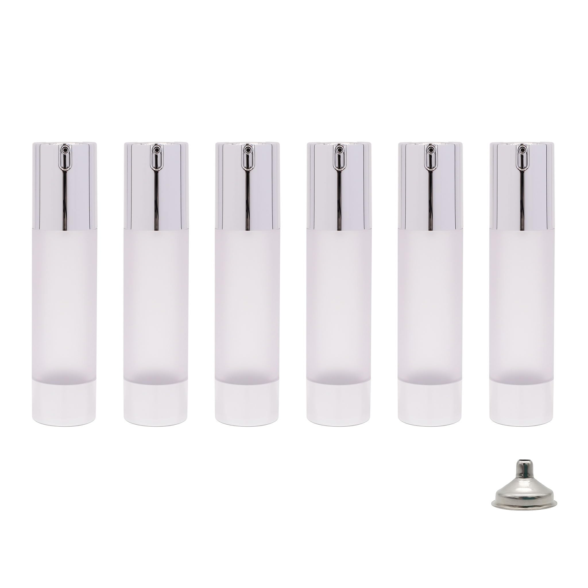 Photo 1 of AJLTPA 6Pcs 1.7oz 50ml Frosted Transparent Airless Pump Bottles with Funnel, Travel Size Vacuum Dispenser Refillable Cosmetic Containers For Foundations, Cream, Serums, Shampoo, Lotion(Silver)