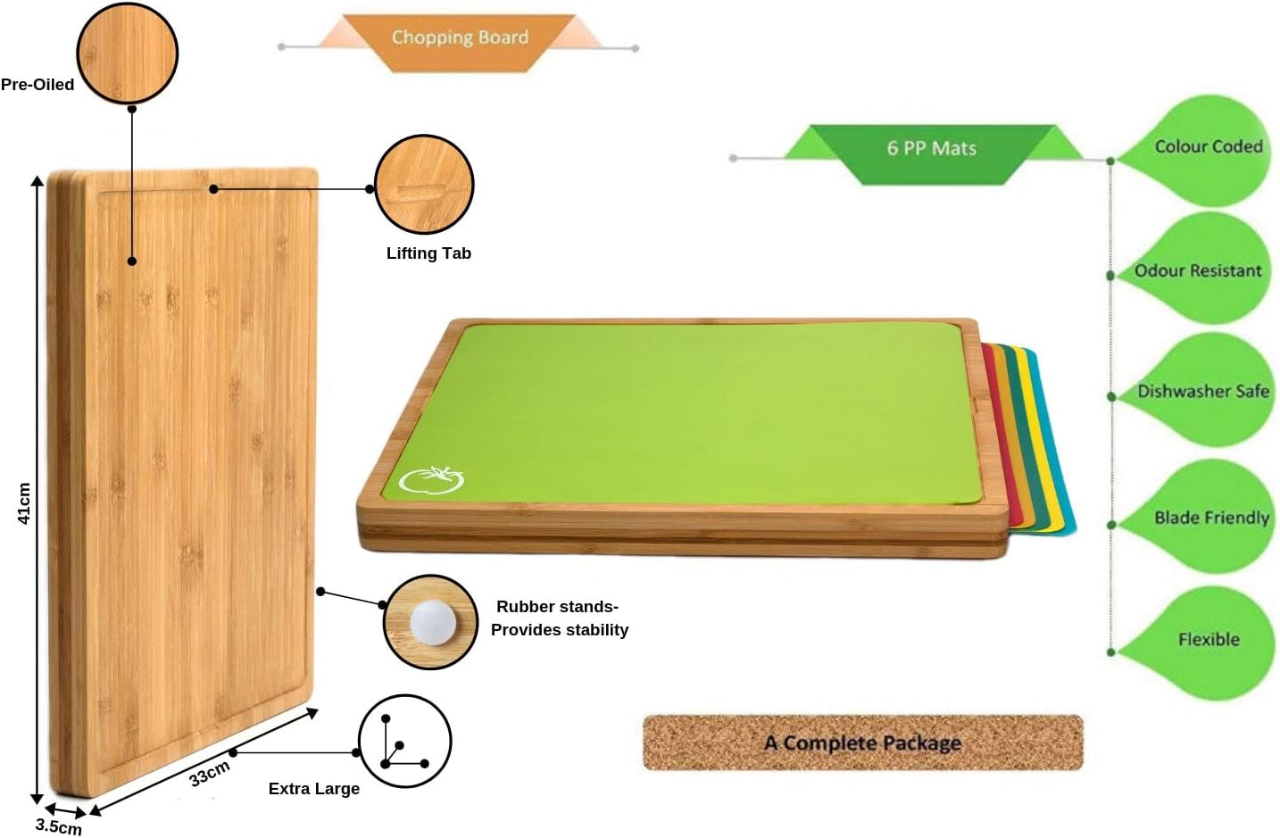 Winged Sirius 8 in 1 Extra Large Bamboo Wooden Chopping Boards Set including 7 Colour Coded PP Mats (Meat Bread Fish Cheese Dairy) Organic Antibacterial Odour Resistant Dishwasher Safe (42 X 34 X 3.5cm) - Image 5
