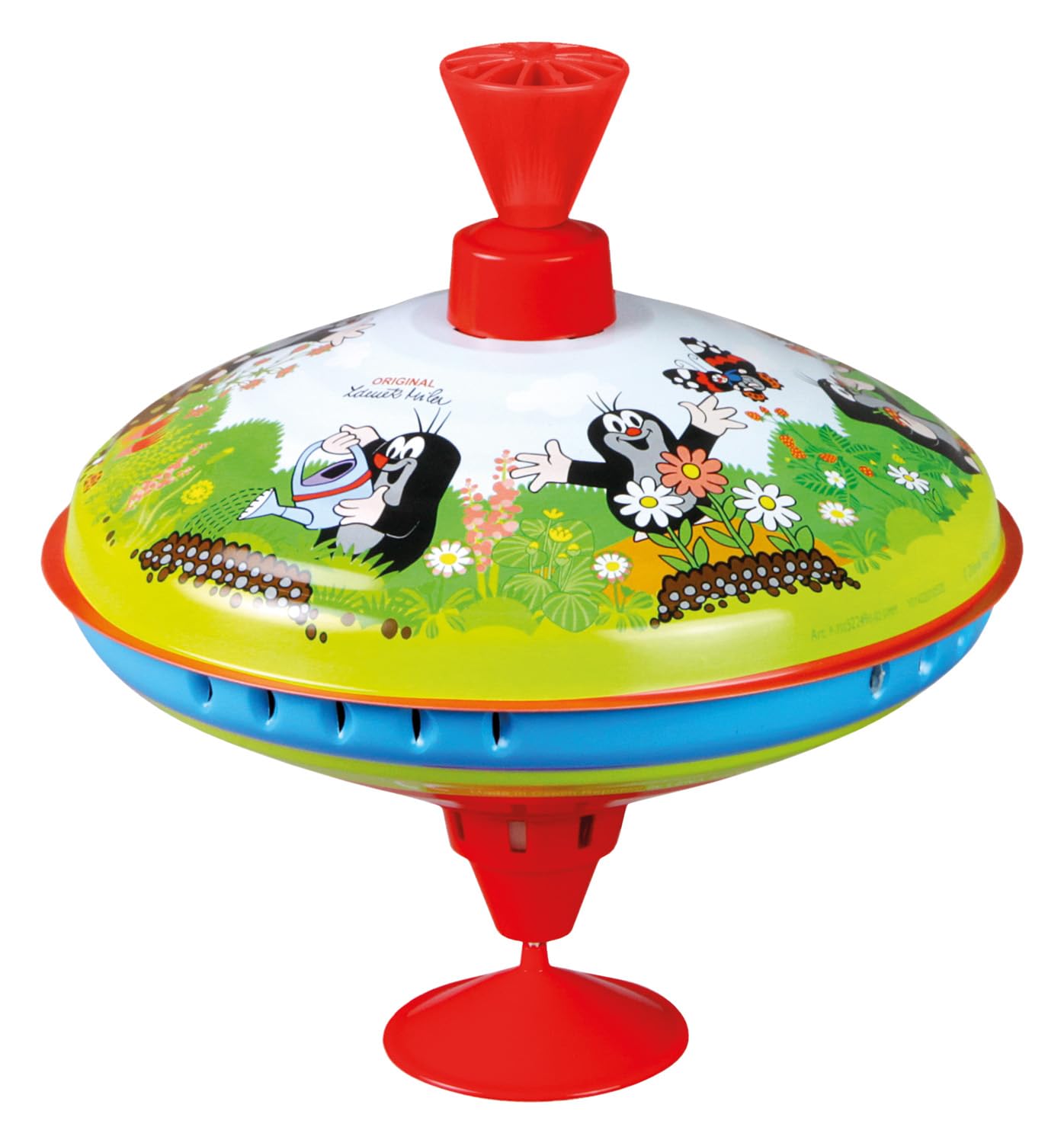 Lena tin toys 52249 - Buzzing Top Ø19 cm The Little Mole, metal spinning top, sheet metal swing, classic pumping top, sheet metal spinning top with tip, toy spinning top for children aged 18 months and over