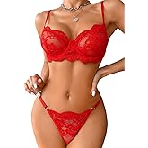Kaei&Shi Sexy Bra and Panty Sets, Floral Lace Lingerie For Women, Classy Sheer Underwear Matching Thong Two Piece