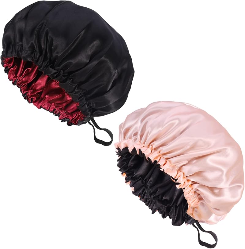 Fuyamp Satin Sleep Cap 2 Pack Adjustable Double-Sided Waterproof Pink Black
