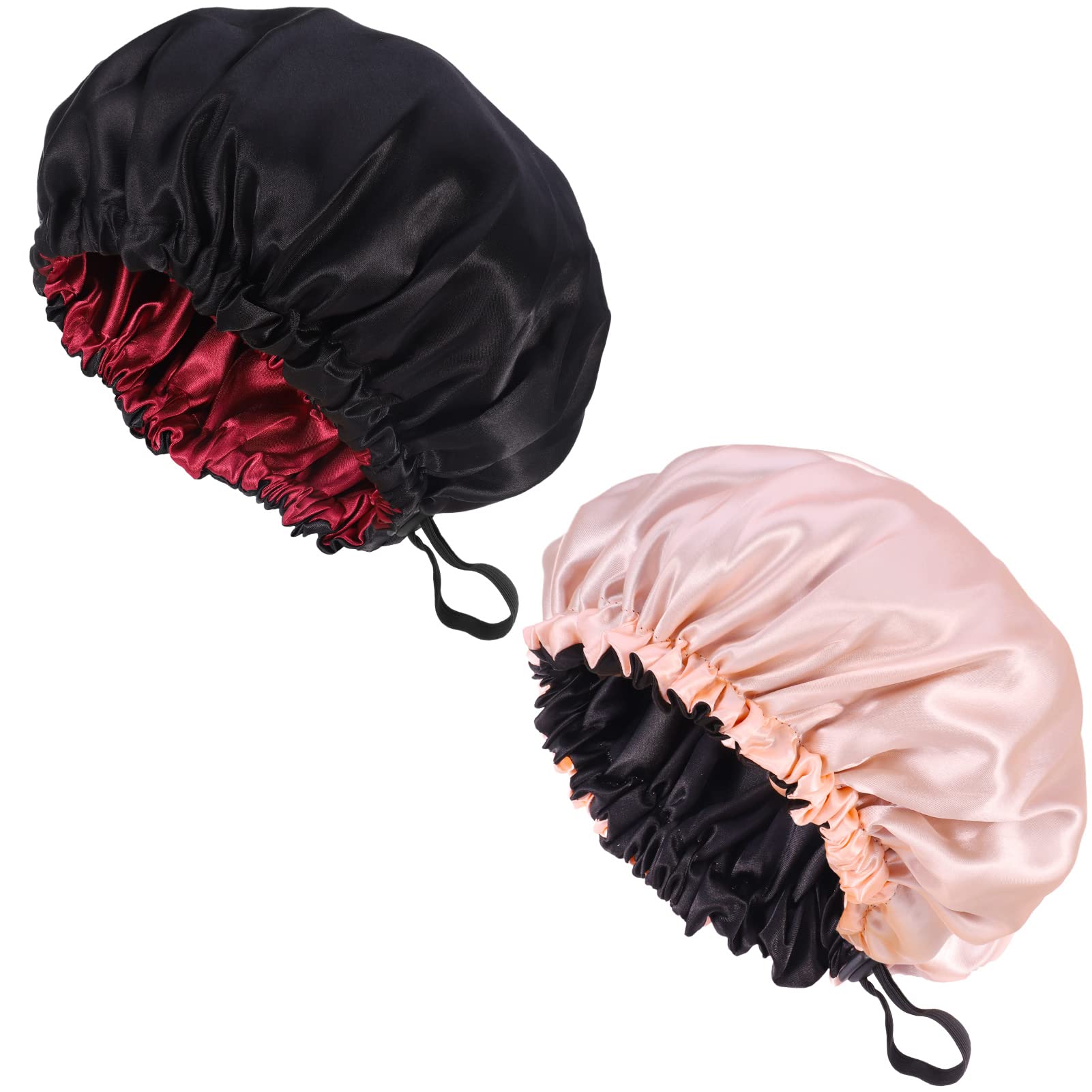 Fuyamp 2 Packs Satin Sleep Cap Shower Cap,Adjustable Silky Sleep Bonnet for Women Long Curly Hair, Double-Sided Waterproof Satin Bath Cap Hair Cap for Women Sleeping Bathing (Pink+Black)