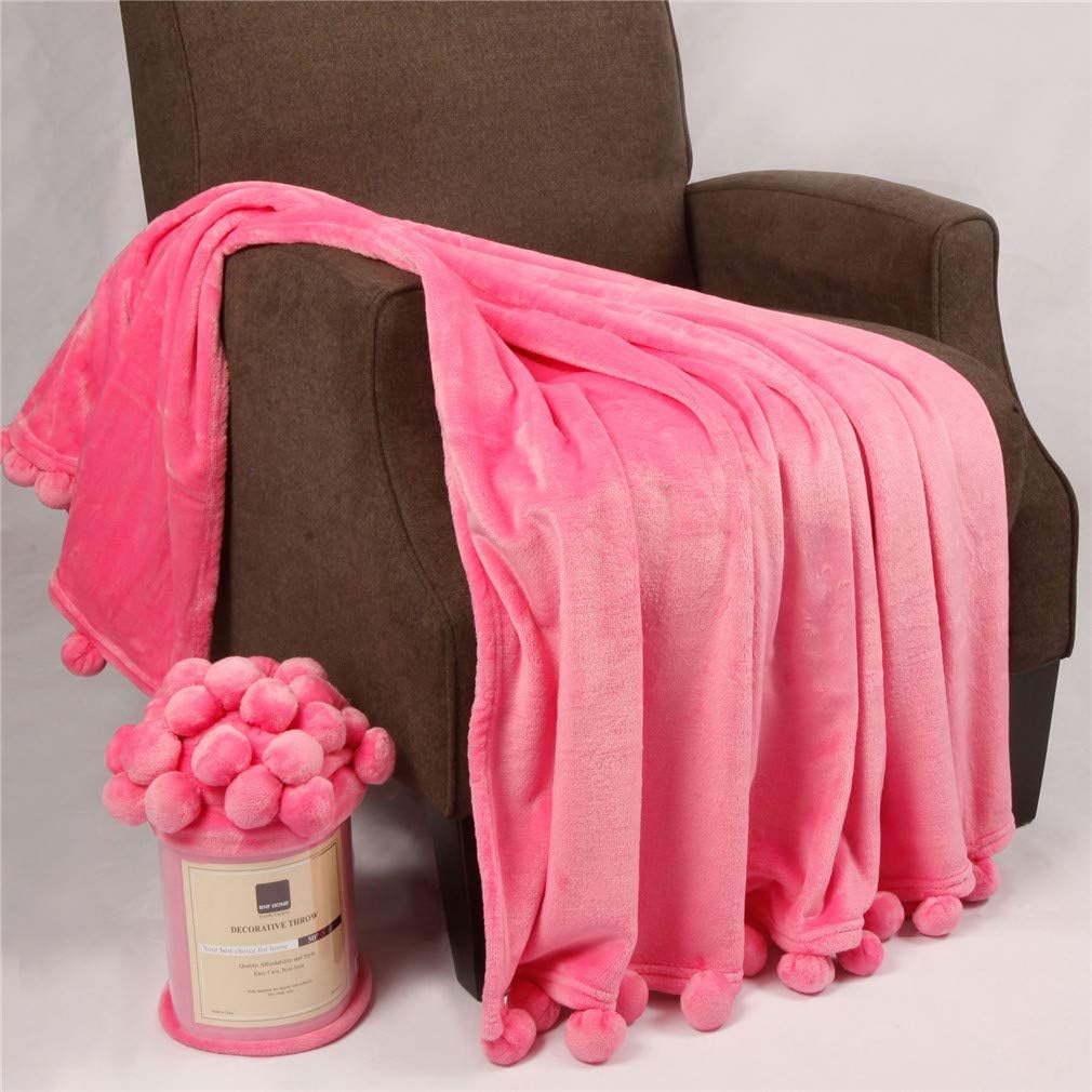 Newtown Pom Pom Solid Color Wrap Light Weight Fleece Bed Couch Chair Sofa Throw Blanket, 50" x 60", Festival Fuchsia