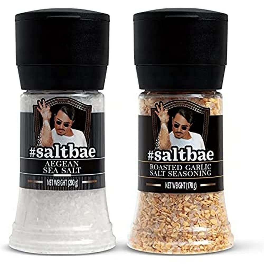 SaltBae Duo Pack Salt Seasonings - 2 pcs high quality salt seasonings for any home cook or grillmaster - ideal as giftset for BBQ parties - Aegean Sea Salt & Roasted Garlic Salt