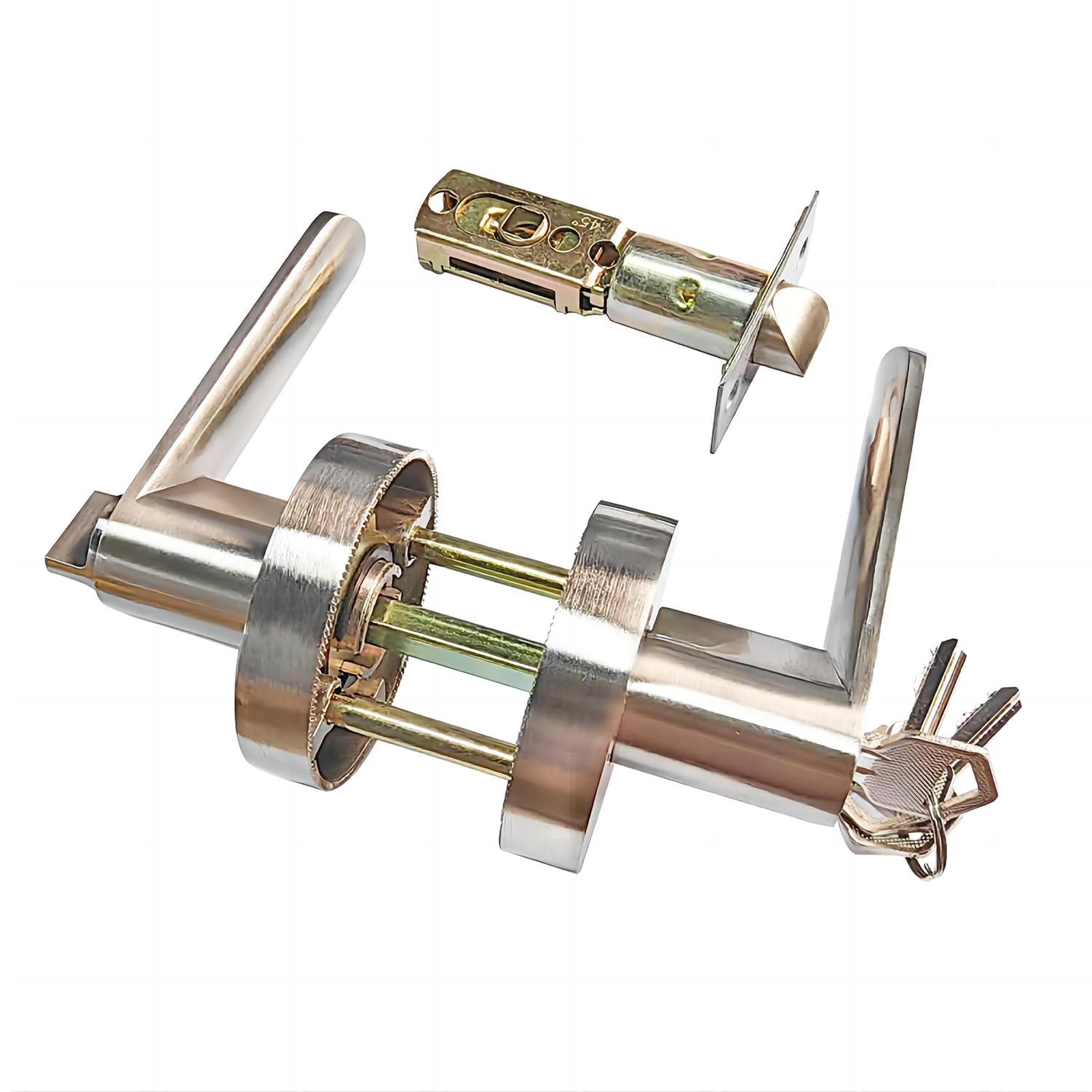 Qrity 1 PCS Passage Door Lever Set, Lever Latch Door Handle Lock, Latch Size 60/70mm, Round Security Door Lock/Door Knob with Keys, Silver