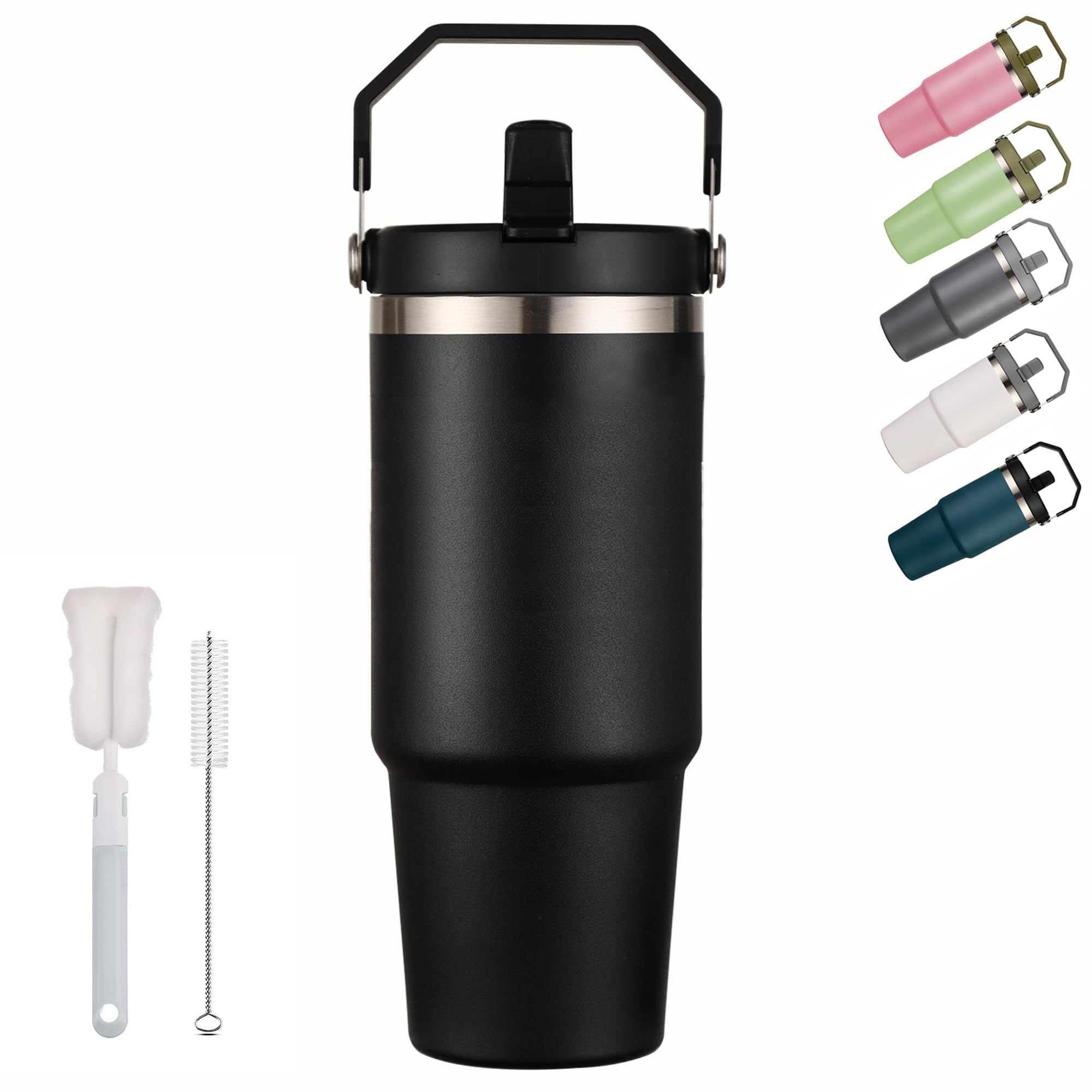XIXIAMI Travel Mug with Handle 900ml-30oz Insulated Tumbler with Straw & Lid Leakproof Coffee Mug for Hot or Iced Drink |Stainless Steel Thermal Cup-Black