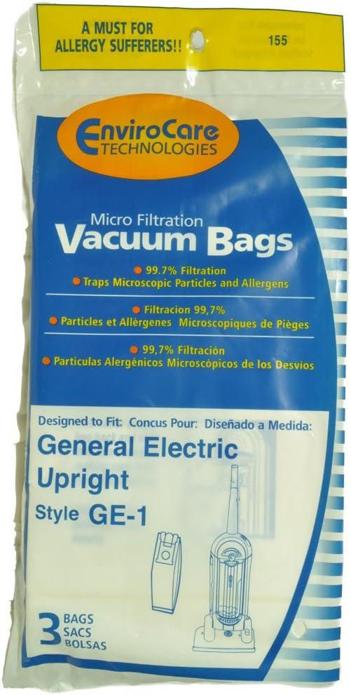 GE Upright Vacuum Cleaner Bags, Style GE1, EnviroCare Replacement Brand, designed to fit GE Upright Vacuum Cleaners, 3 bags in pack