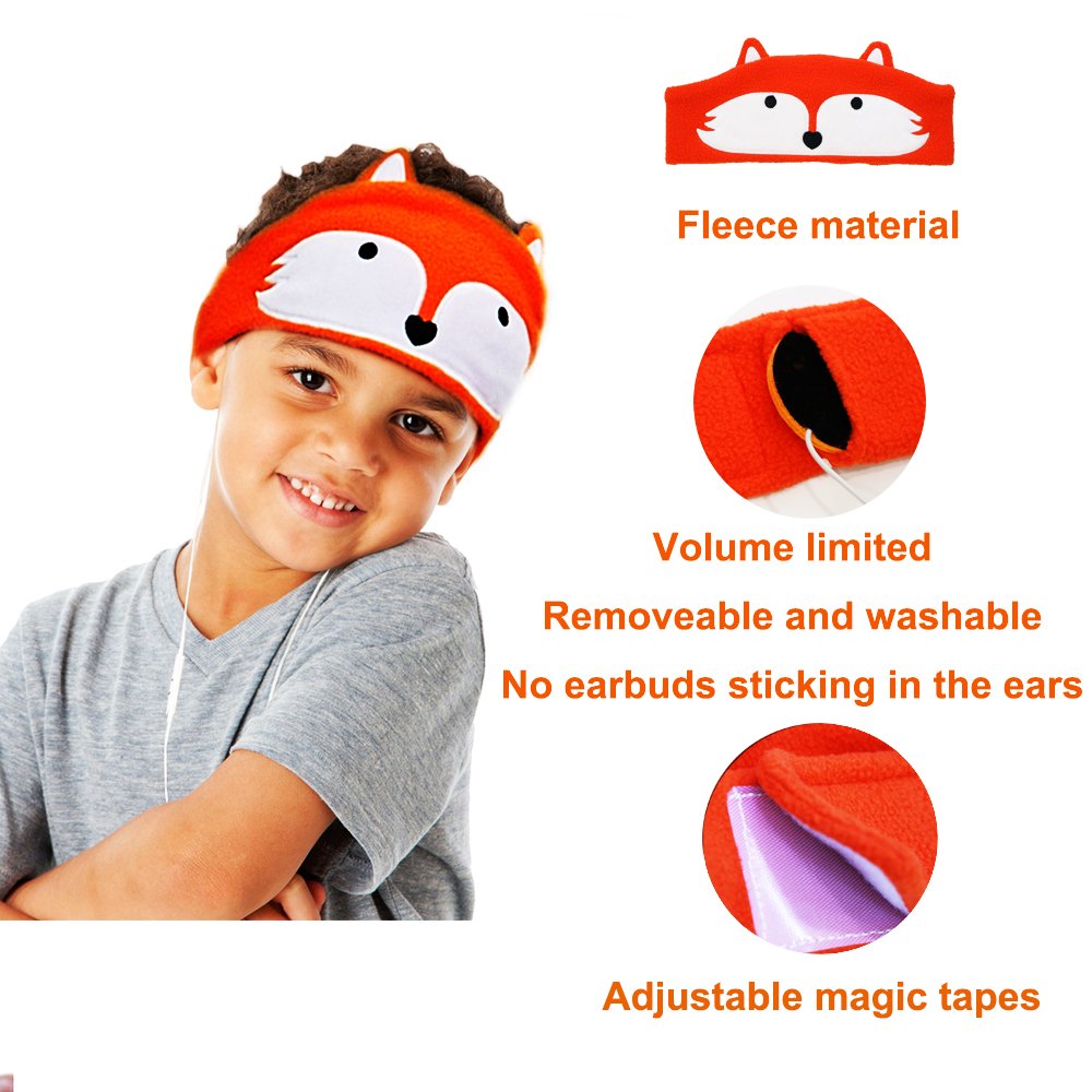 Kids Headphones, Volume Limiting Ultra Thin Adjustable Speakers Soft Children Fleece Headband Toddler Headphones Home Travel - Fox
