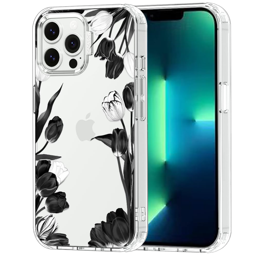 MOSNOVO Case for iPhone 13 Pro Max, [Buffertech 6.6ft Military-Grade Drop Protection] [Anti Peel Off Tech] Clear TPU Bumper Phone Case Cover Design - Black White Tulips — image 1