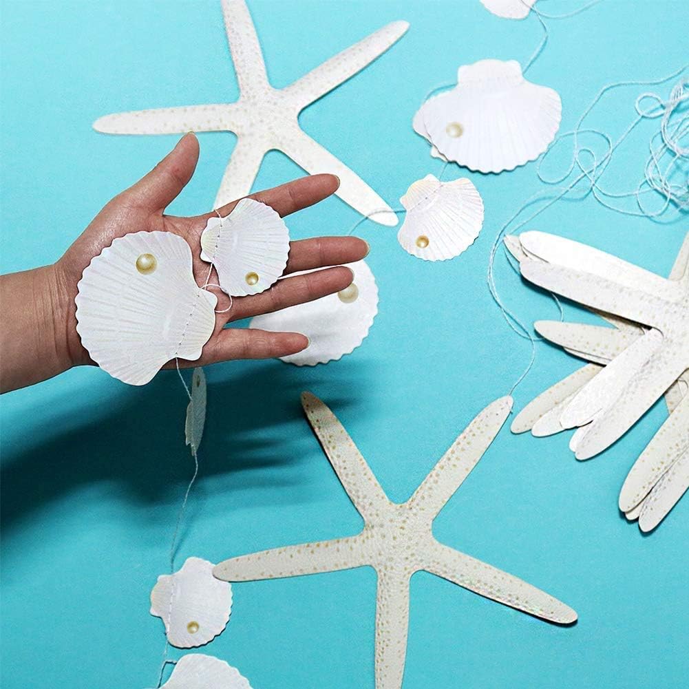 Flat Paper White Finger Starfish Sea Shell Garland Ocean Coastal Nautical Party Decoration Hanging Bunting Banner Under The Sea LIttle Mermaid Birthday Party Beach Wedding Baby Shower Party Supplies - Image 3