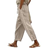 Puimentiua Women Linen Pants Lightweight Pants with Lace Side Summer Casual Beach Drawstring Elastic Waist Trousers