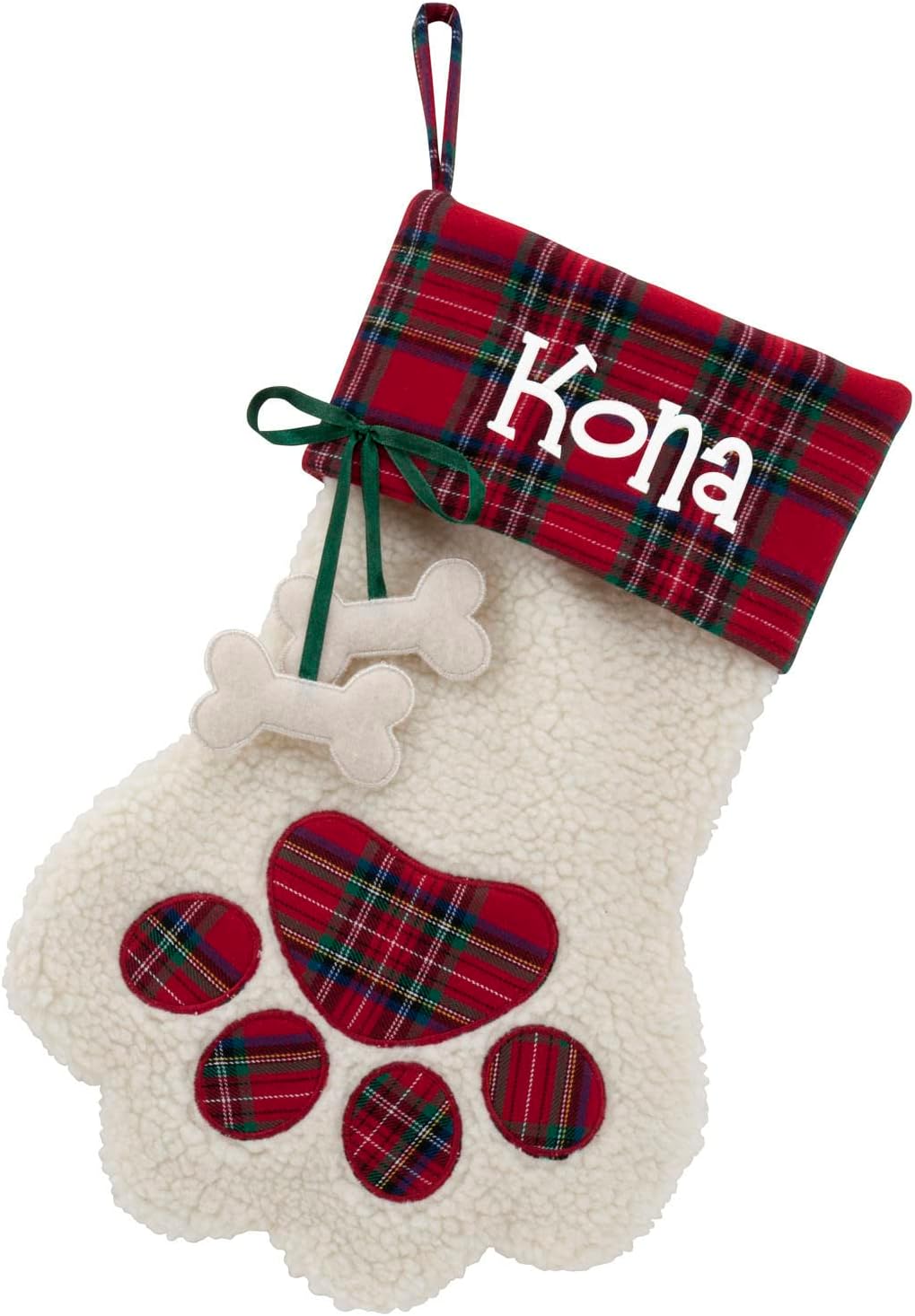 Stockings & Holders - Personalized Planet Dog Paw Christmas Stocking with Custom Pet Name Printed | White Faux Sherpa with Red Plaid Cuff and Dog Bone Accents | Festive Christmas Décor | Ready to Hang