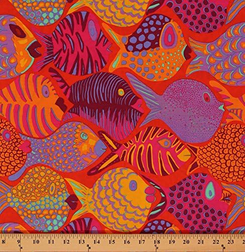 Cotton Brandon Mably Shoal Tropical Fish Cotton Fabric Print by the Yard PWBM051.TOMATO