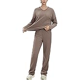 AGYMNX Women's Pajama Sets Long Sleeve 2 Piece Lounge Sets Ribbed Knit Sweater Sleepwear 2024 Pjs with Pockets