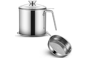 Ralleyfun Bacon Grease Container With Removable Strainer Snug Lid Coaster Tray Stainless Steel Oil Container with Handle for frying oil bacon drippings Cooking Grease 1.3L(46 fl. oz.) (Style C)