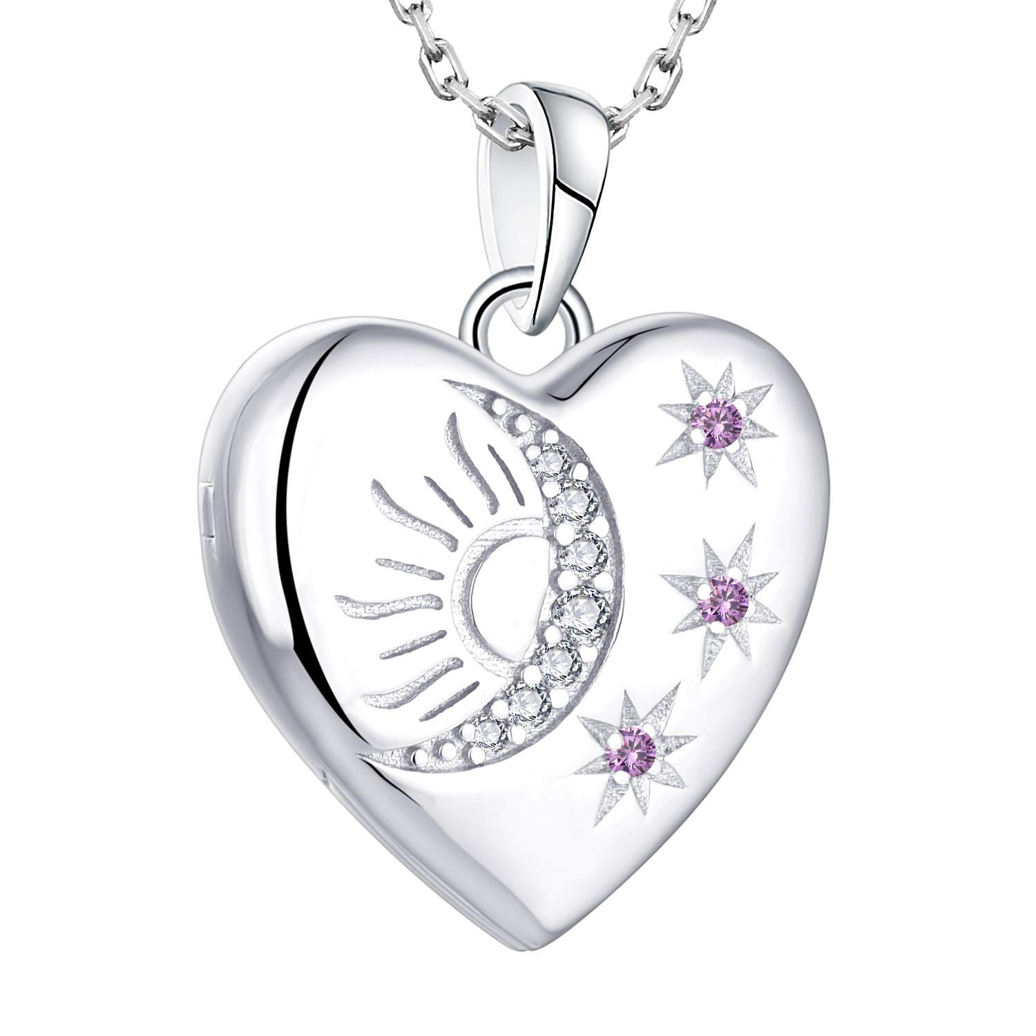 Starnny Women's Lockets 925 Sterling Silver Photo Heart Locket Necklace Pendant with Star/Moon/Sun Birthstone Jewelry for Women